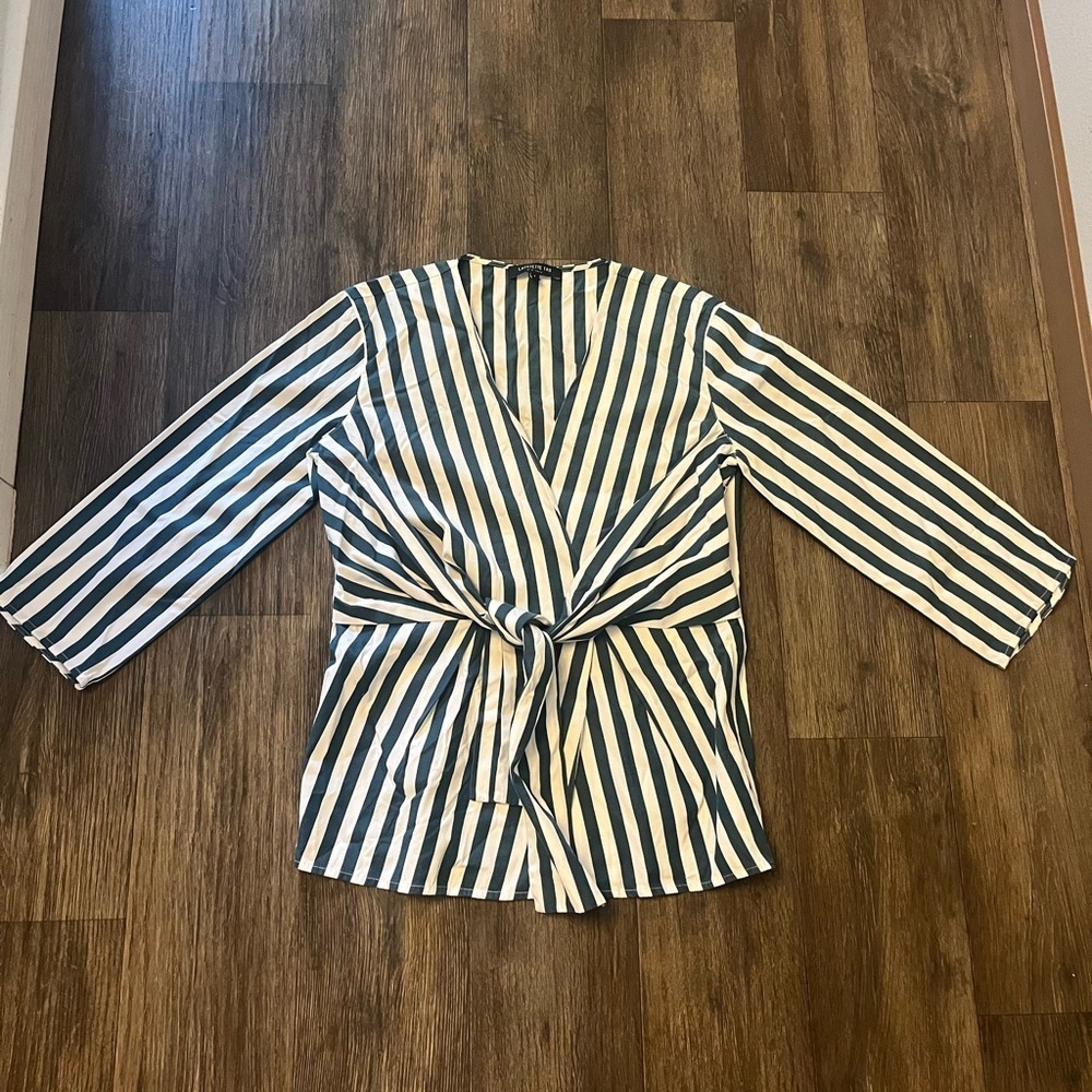 Lafayette 148 New York Blue and White Striped Wrap Blouse - Picture 4 of 11